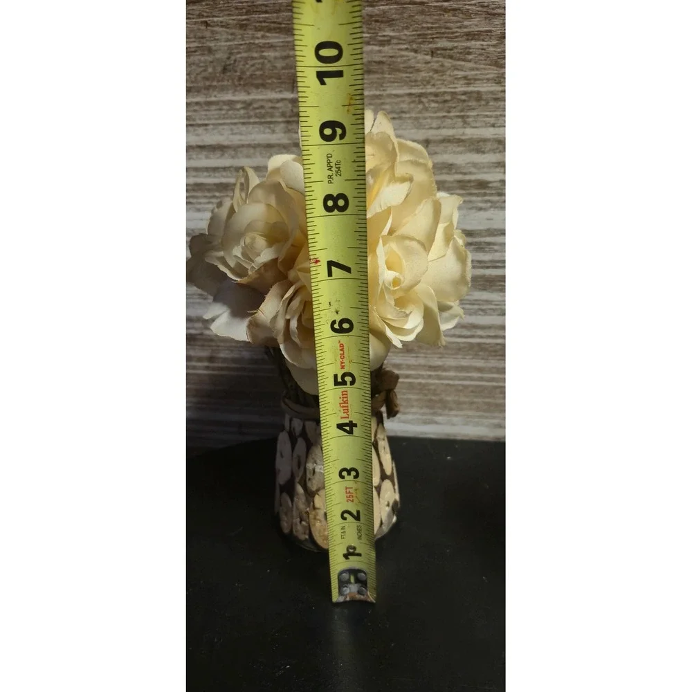 Cream Faux Rose Floral Arrangement in Rustic Wood Slice Base Farmhouse‎ Decor